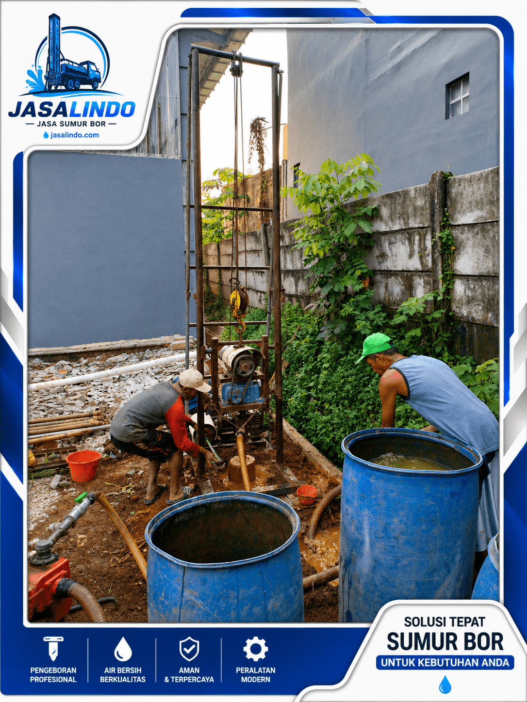 Pemasangan sumur bor oleh tim Jasalindo dengan proses pengeboran yang profesional dan efisien.